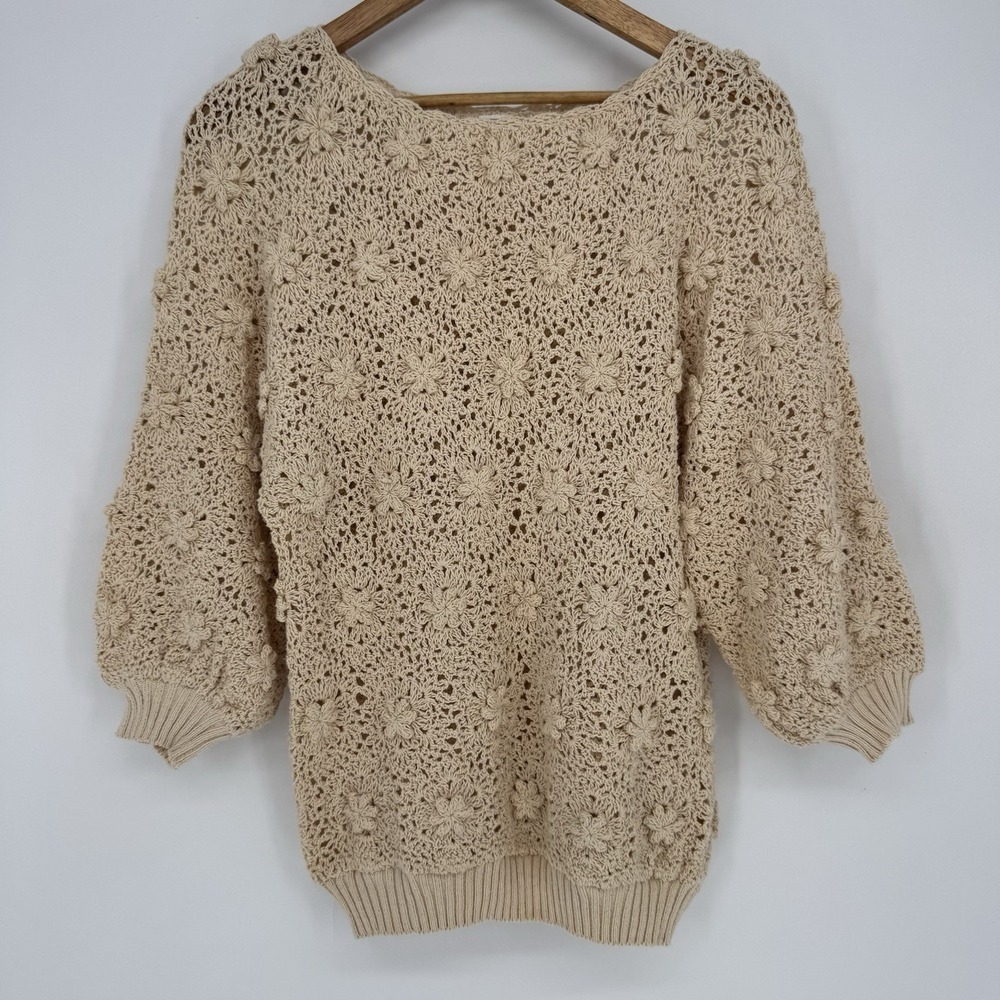 Vintage 70s Boho Floral‎ Crochet Sweater 3D Flower Puff Sleeve Boat Neck Size L